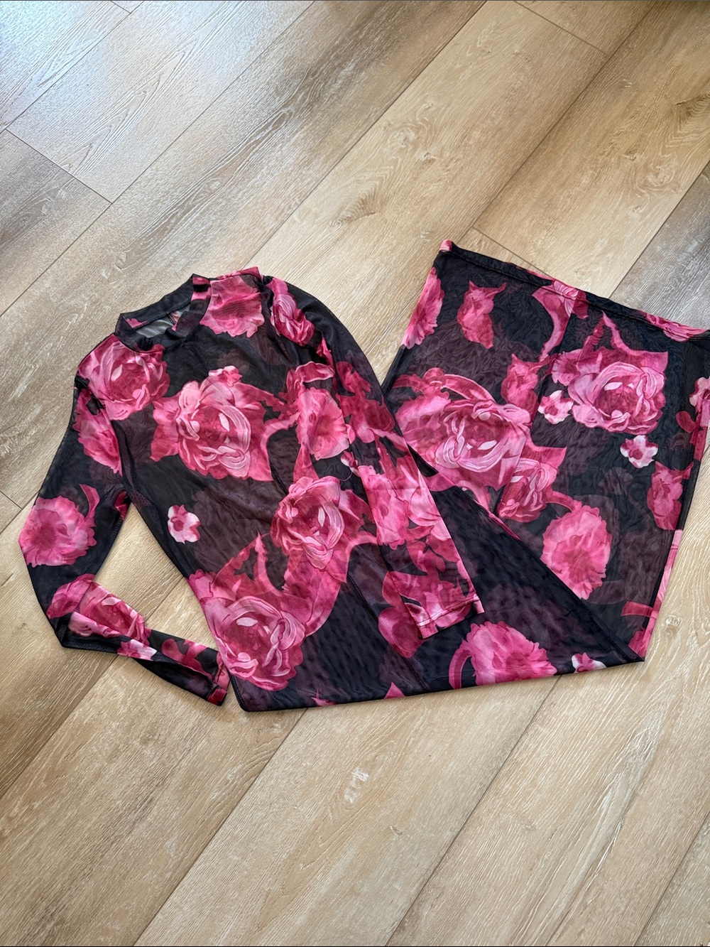 Cover Up Sheer Black Dress with Bold Pink Rose Print